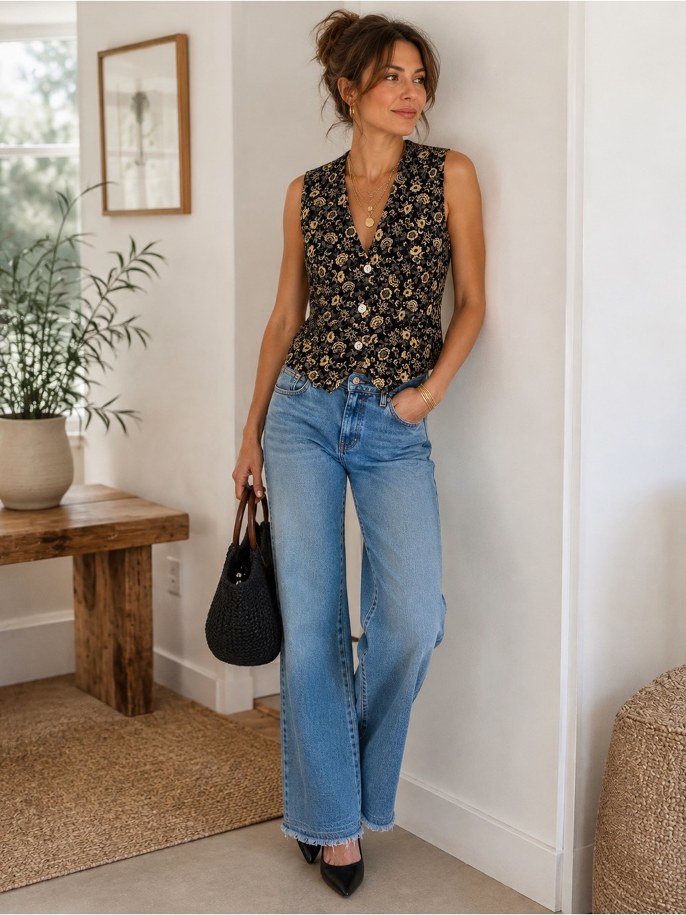 Talbots Petites Floral Button Front Vest Black & Beige Size 4P